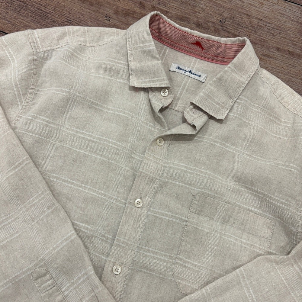 Tommy Bahama Linen Blend Striped Button Down Shirt Beige Tan Long Sleeve L